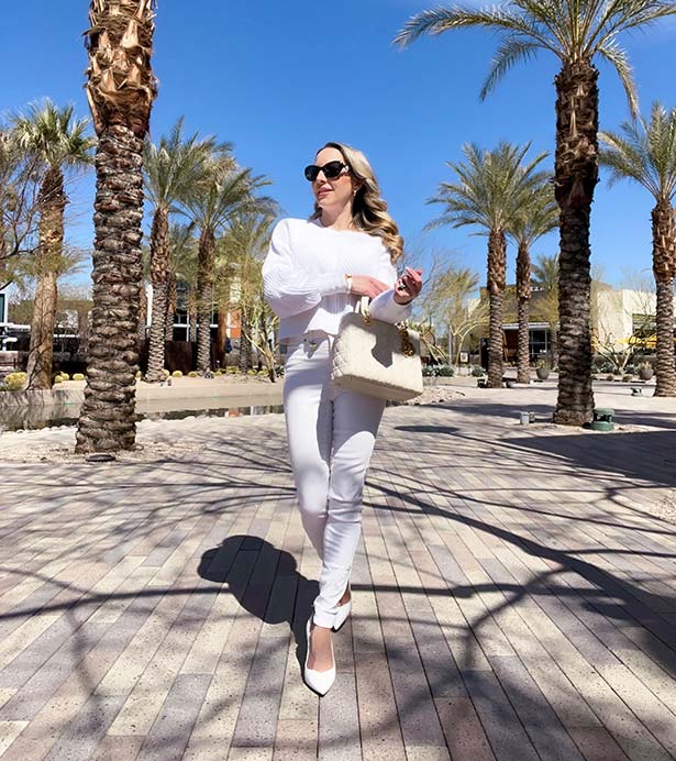 monochromatic white outfit Holland Cooper white jeans