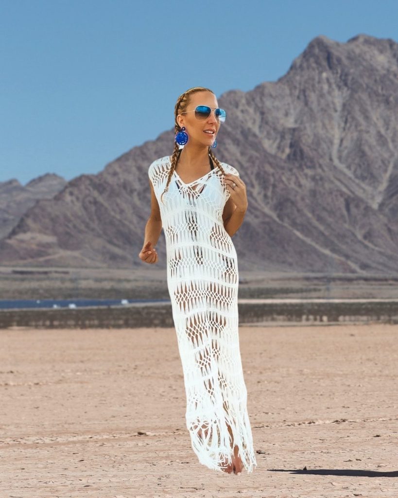 crochet dress white maxi festival outfit woman Vegas desert
