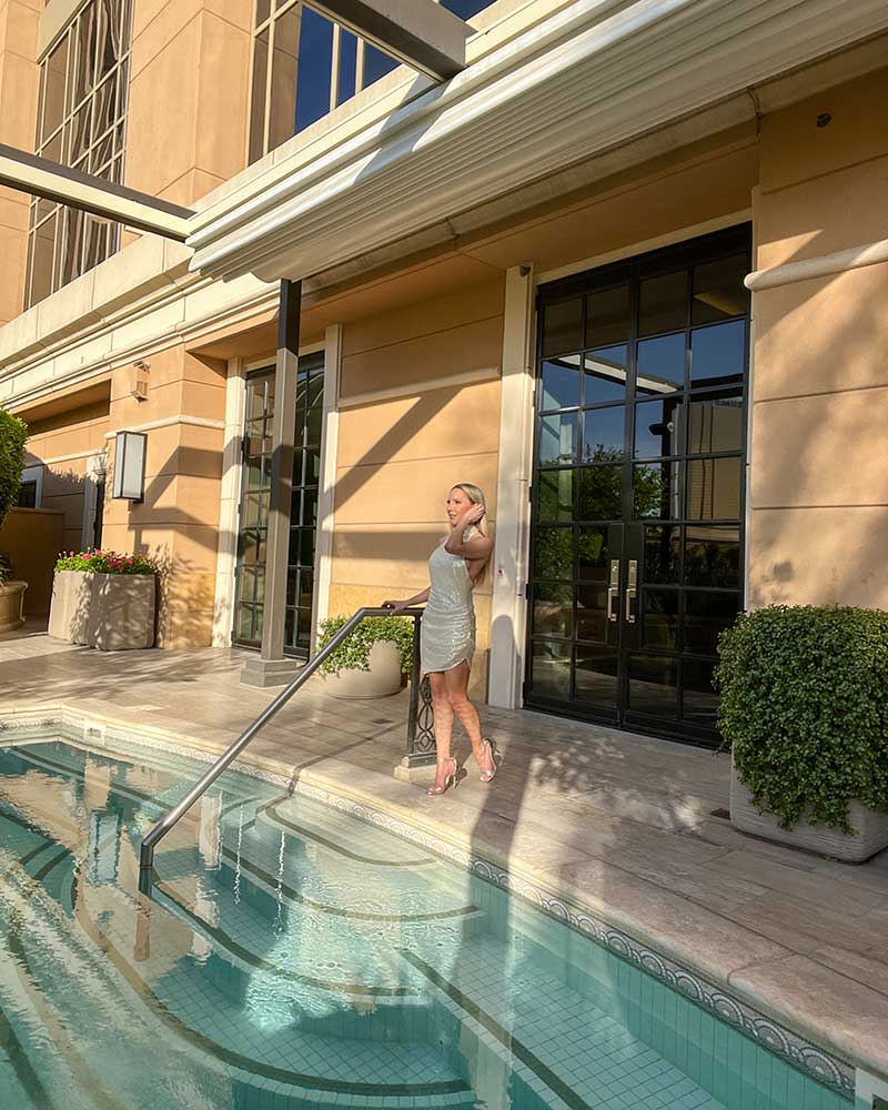 Palazzo Las Vegas best suite private terrace pool Mrs Nevada gold dress