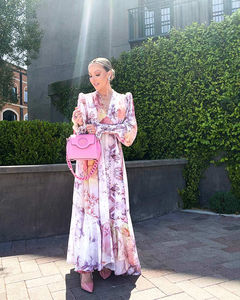 garden party dress code elegant chic floral maxi pink Versace bag Dior shoes