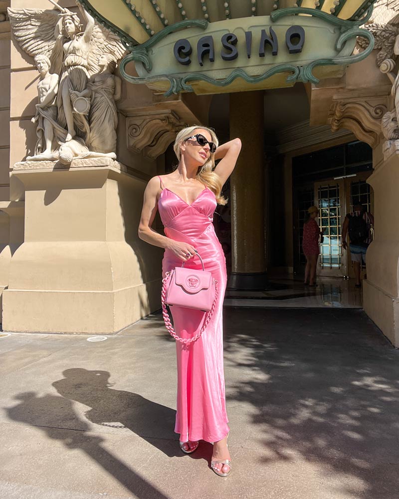 Fashionpass gown pink satin Eve Dawes fashion blogger Vegas