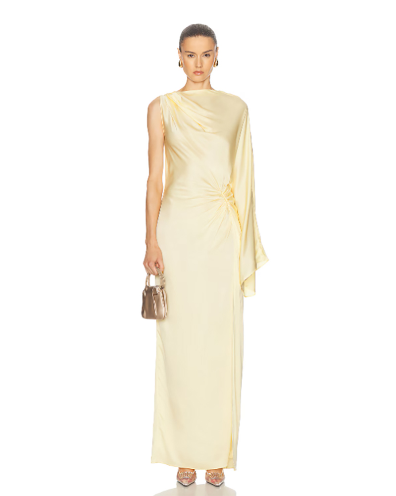 stunning wedding guest dress summer yellow satin gown