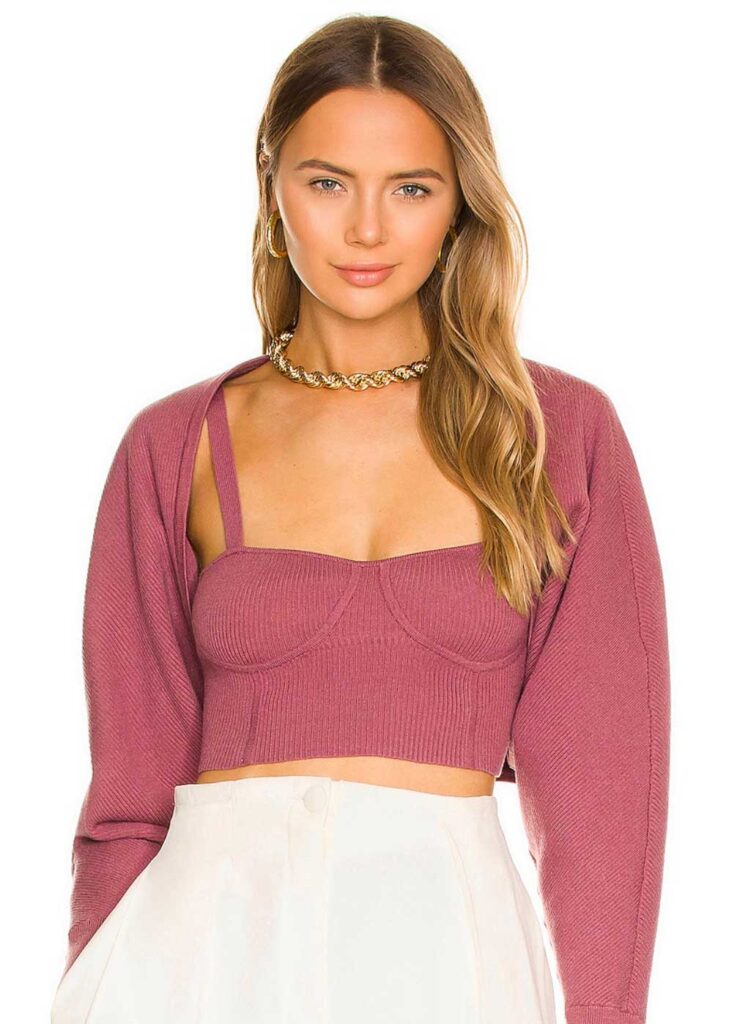 womens shrugs pink matching knit set bustier top