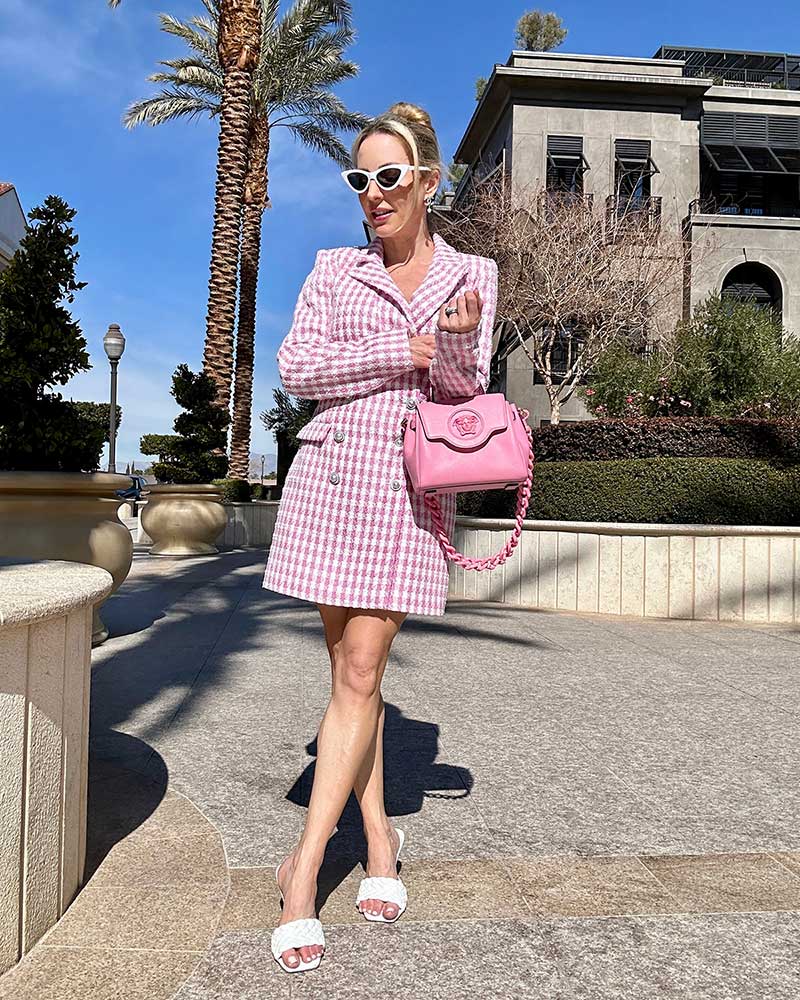 blazer dress pink white boucle fashion blogger outfit
