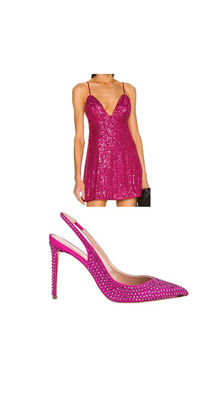 copy dua lipas outfit pink sequin dress heels