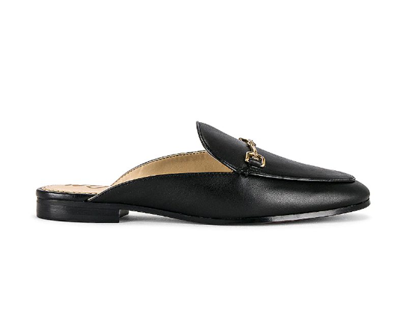 best womens loafers black leather backless gold horse bit Sam Edelman