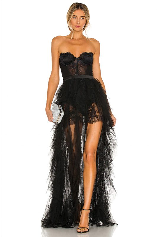fall dress trend 2022 sheer high low gown black lace strapless