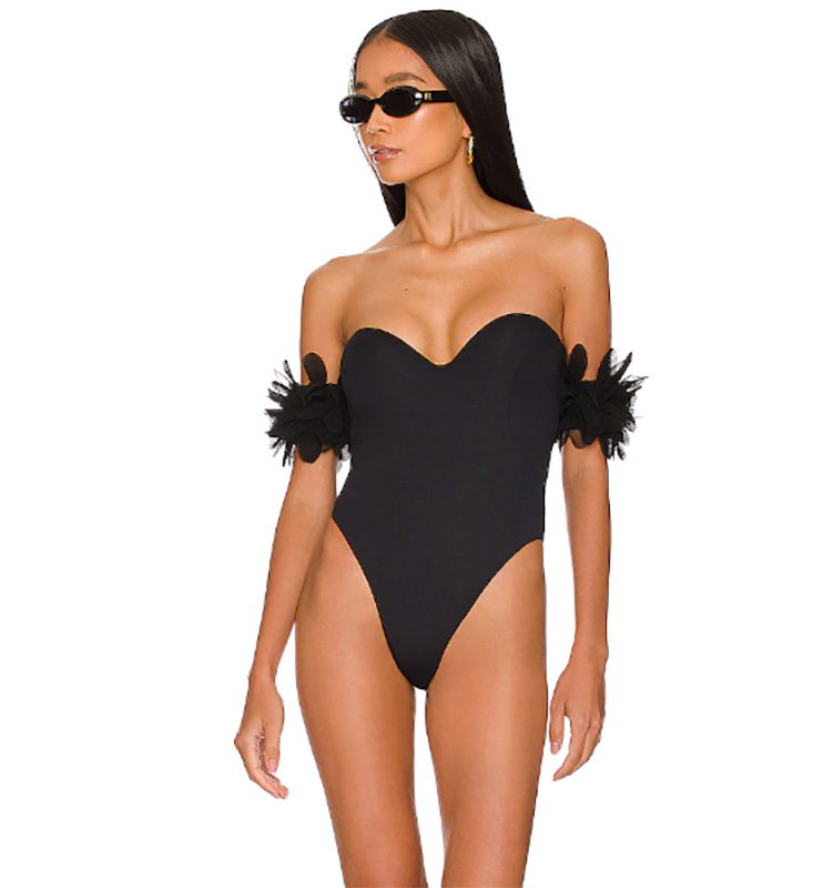 chic strapless black one piece flattering swimwear womens