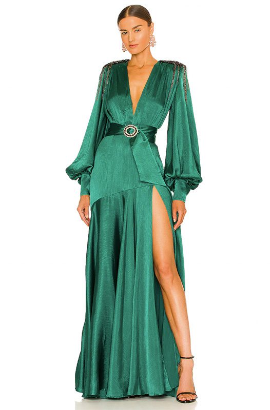 elegant green satin formal gown long sleeves