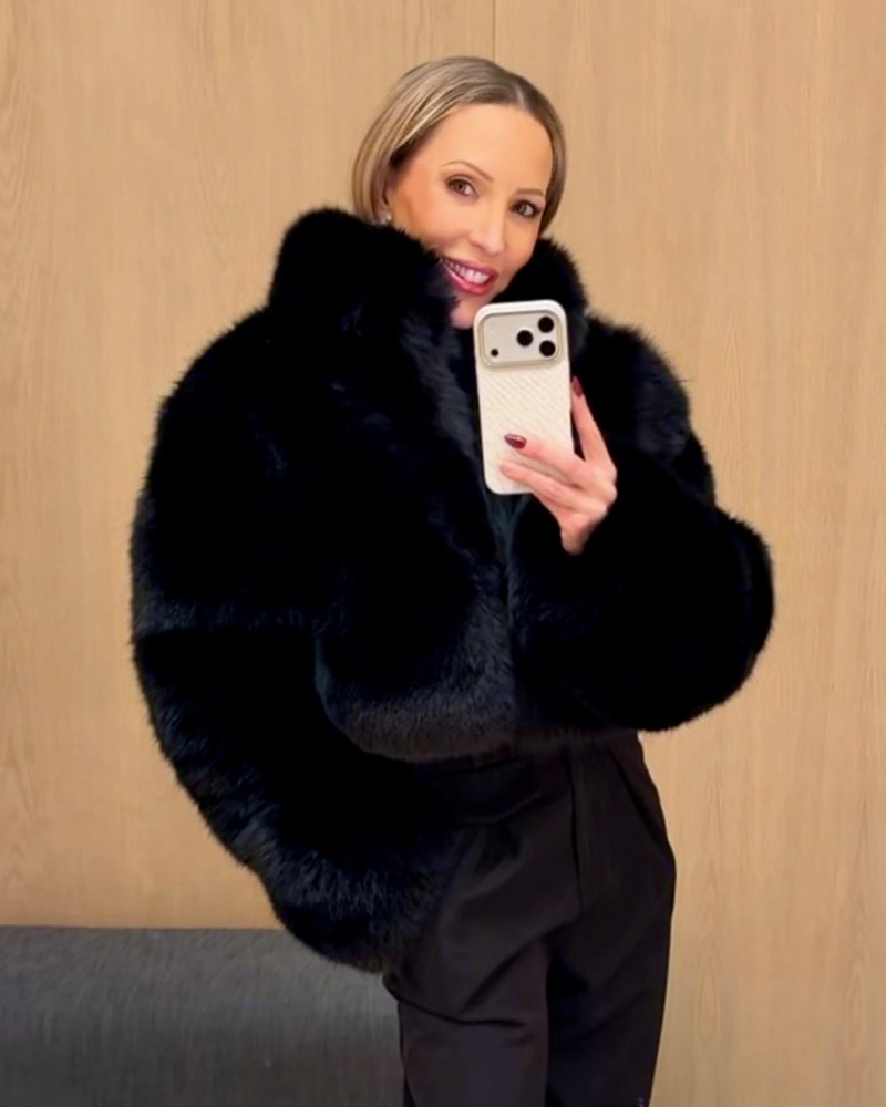 faux fur jackets in style 2026 black cropped worn by fashion editor Eve Dawes