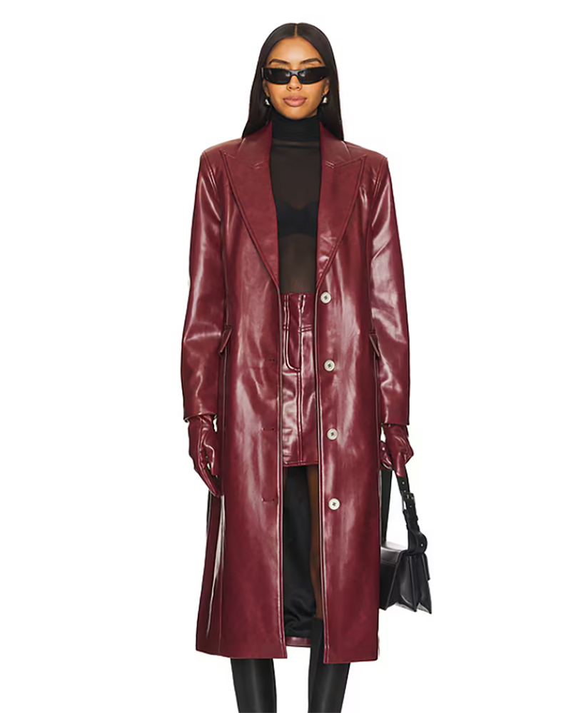 women's red coat long leather