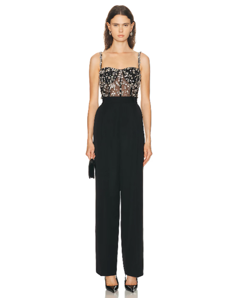 designer black dressy jumpsuit strapless bustier oscar de la renta