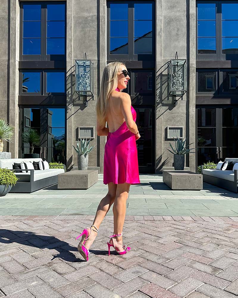 best christmas party dress 2023 hot pink satin mini backless fashion blogger