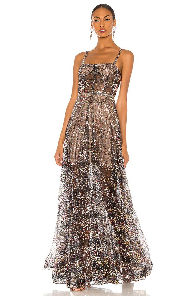 sequin gown black gold