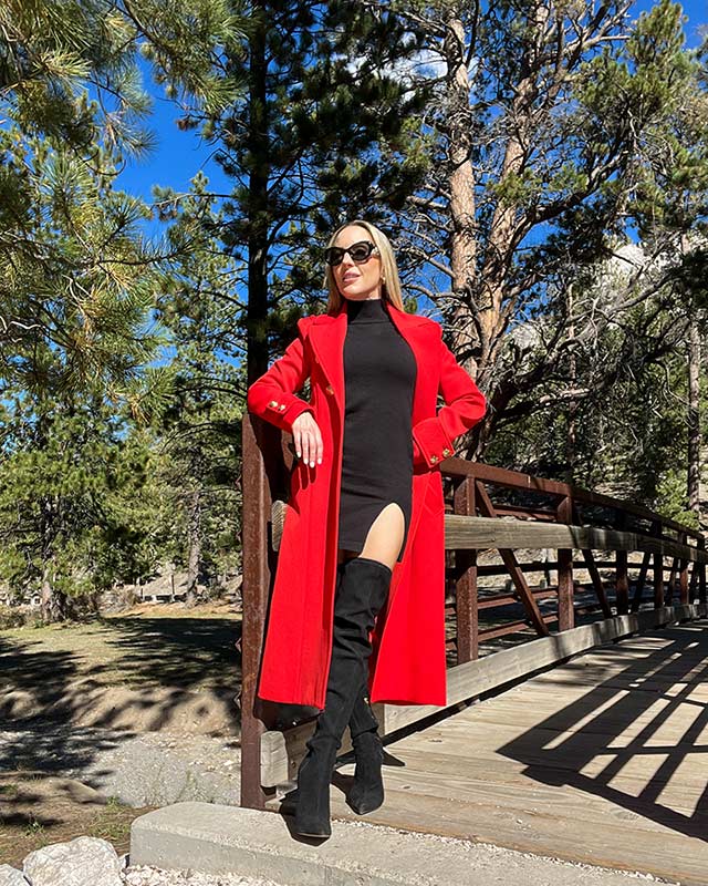 thigh high boots outfit classy red coat womens fashion
