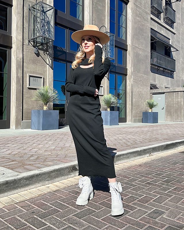 sweater dress outfit black maxi ankle boots wide brim hat