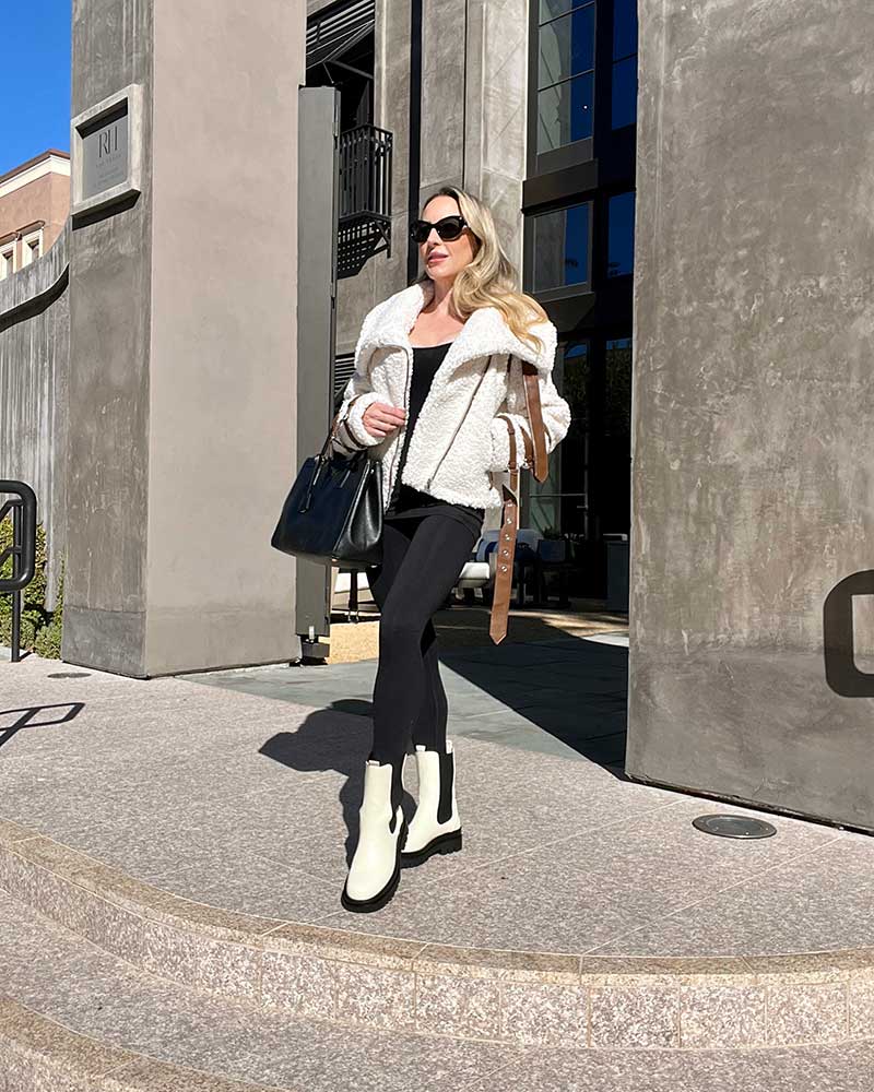 white faux fur jacket moto womens fashion blogger glamour gains