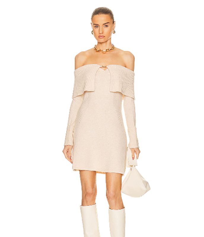 cute winter outfit idea off shoulder mini dress beige