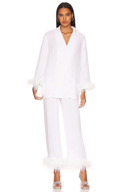 white feather trim pajamas set