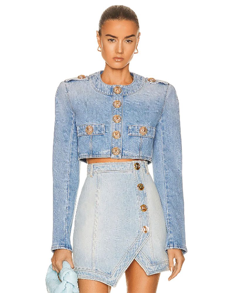 designer double denim outfit cropped blazer mini jean skirt