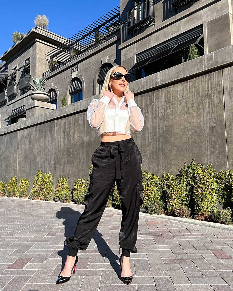 sheer outfit white see through top cargo pants 2023 fashion trend