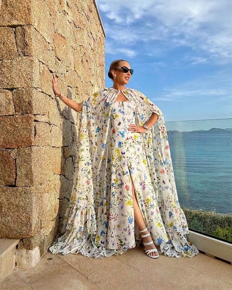 kentucky derby dress floral print maxi cape elegant alice olivia