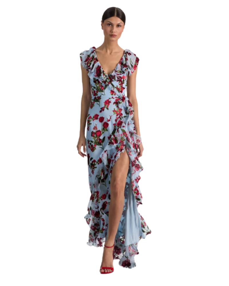 what wear kentucky derby rose print blue maxi dress