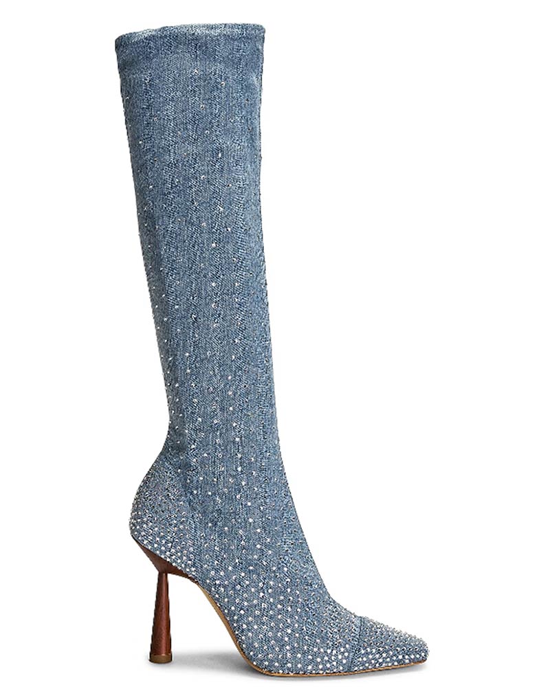 womens denim boots crystal high heels
