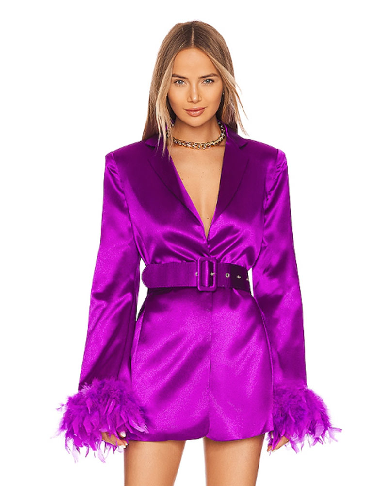 glam satin blazer dress feathers belted purple