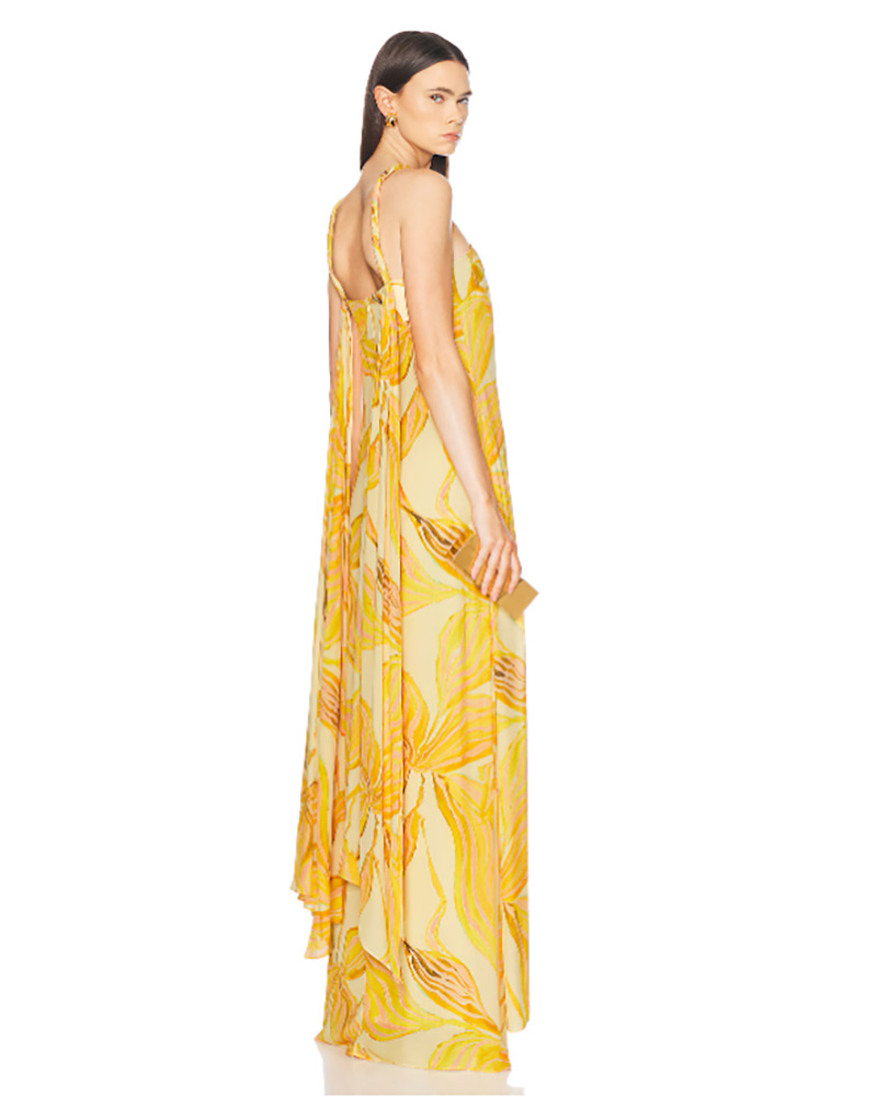 island wedding guest dress yellow floral maxi