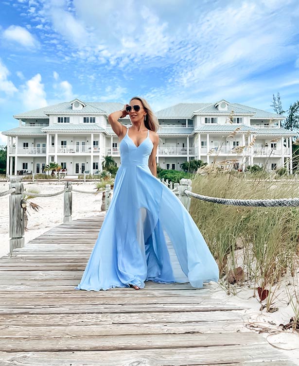 destination wedding guest dress beach blue maxi gown