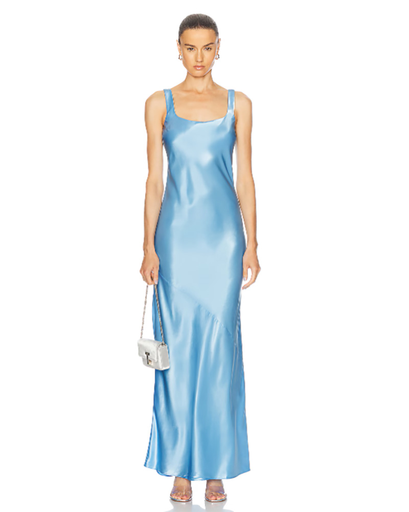 classy destination wedding guest dress chic blue satin maxi 