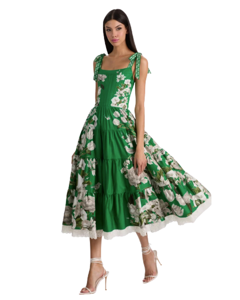 alice olivia chic summer garden party dress green floral midi