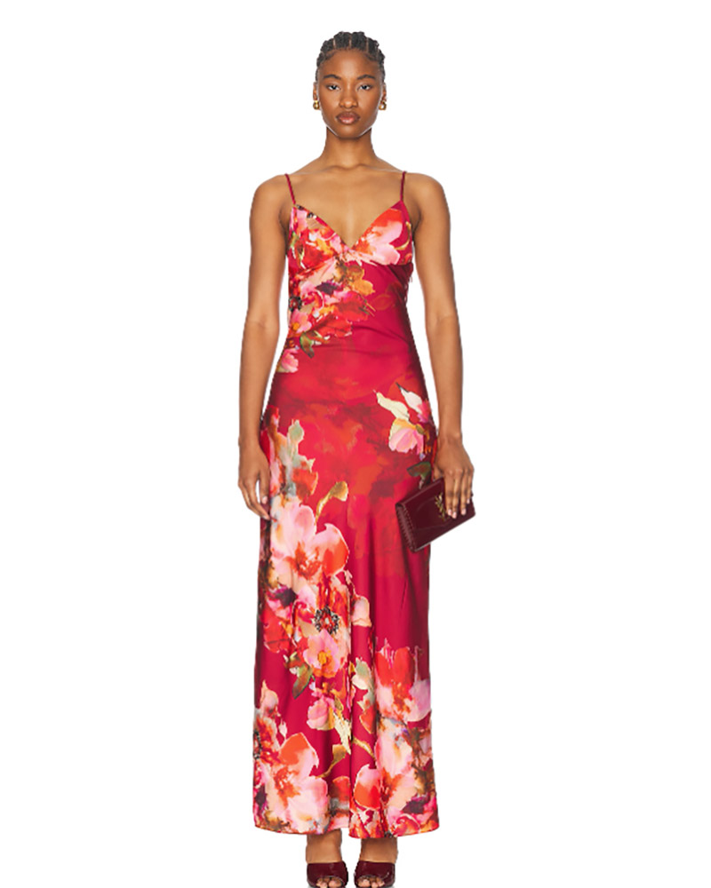 garden party dress maxi satin floral red pink