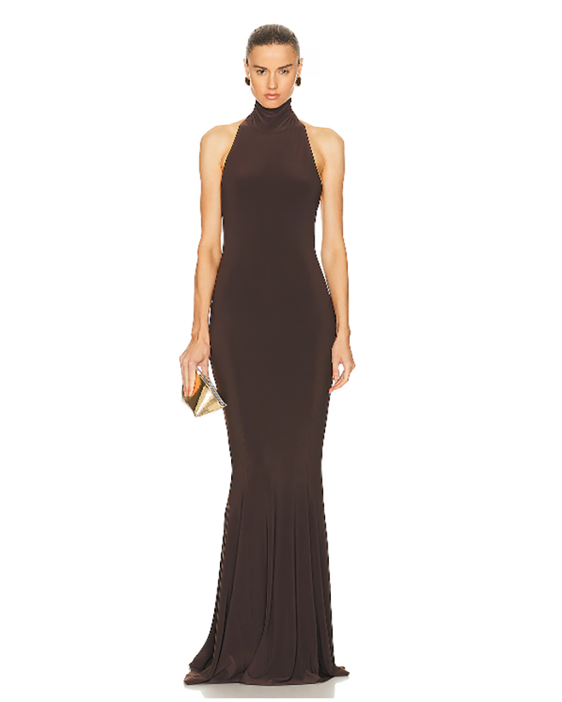 autumn wedding guest dress black tie gown brown halter