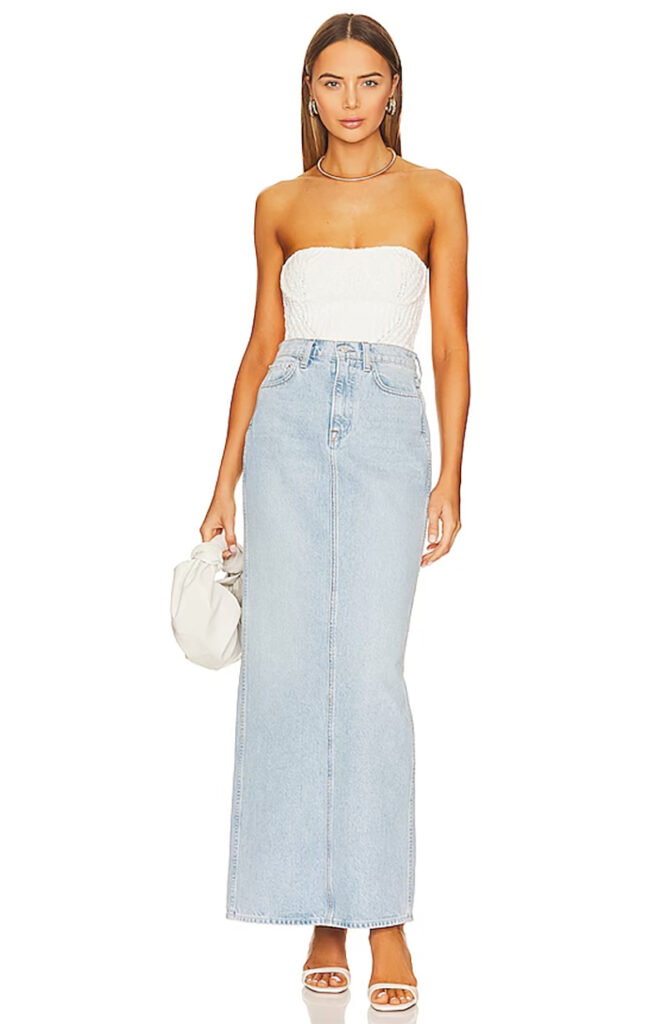 what is out of style 2024 denim maxi skirts