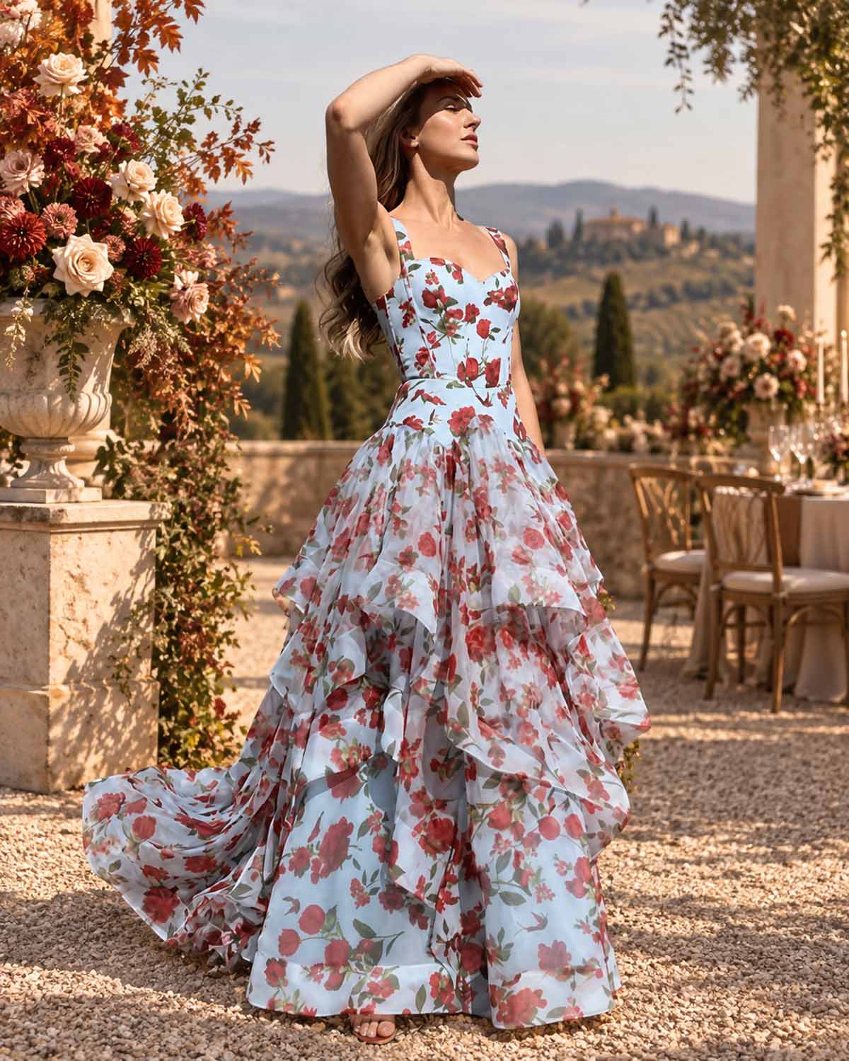 long floral fall winter wedding guest dress by alice + olivia worn by Eve Dawes