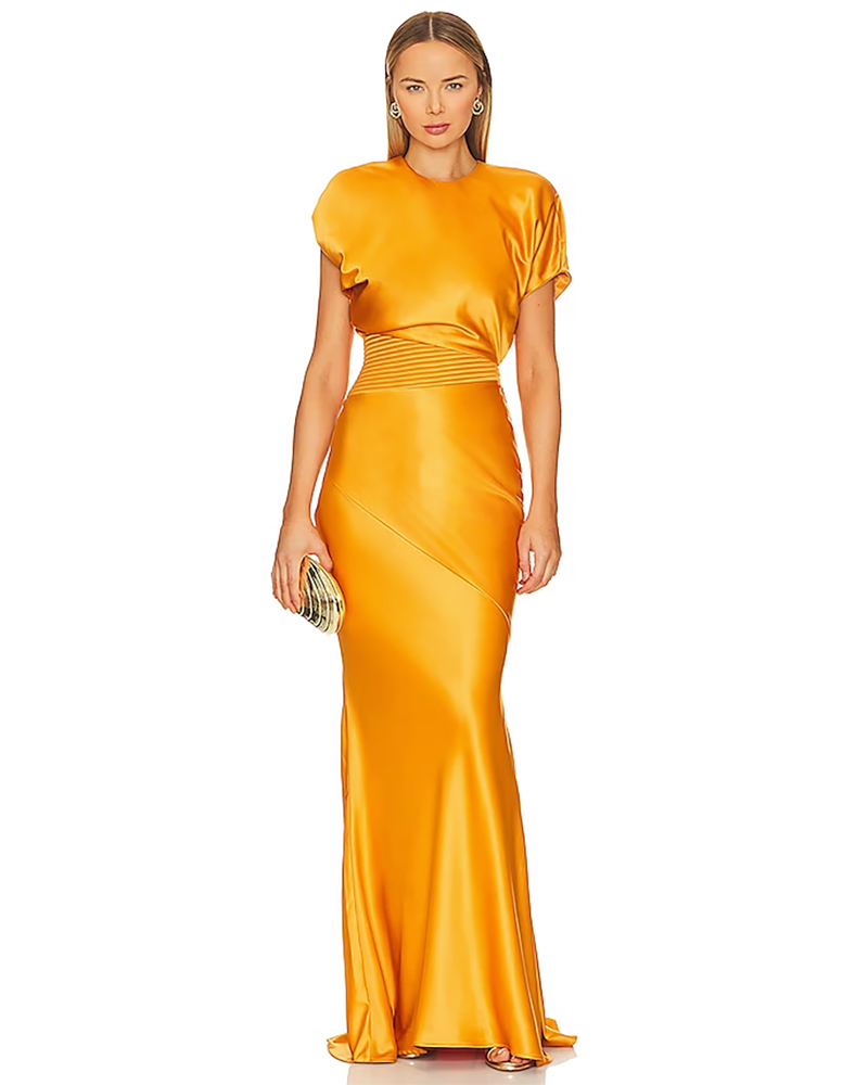 fall wedding guest black tie yellow stain gown