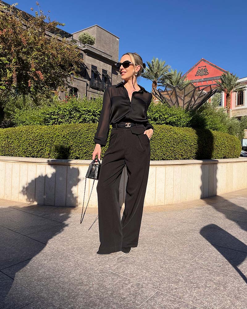 black sheer blouse winter fashion outfit 2025