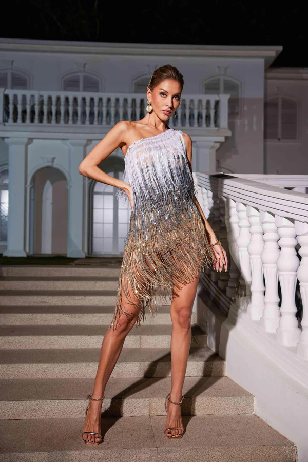 mew mews fringe dress gold silver white sparkly