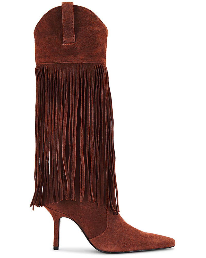 cowboy boots trend 2024 brown suede fringe heel