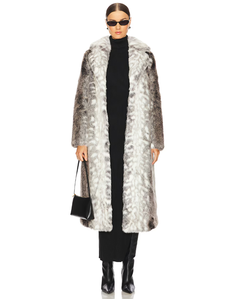 fall fahion outfit 2026 snow leopard print faux fur coat long