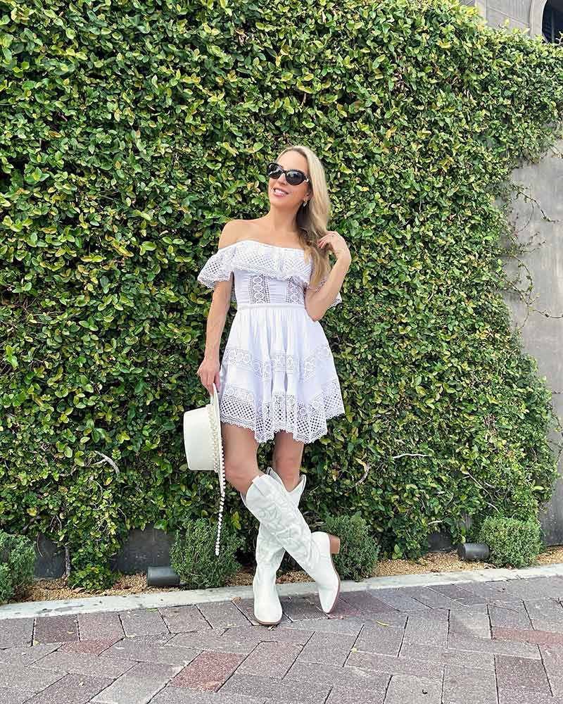 white knee high cowboy boots outfit summer dress