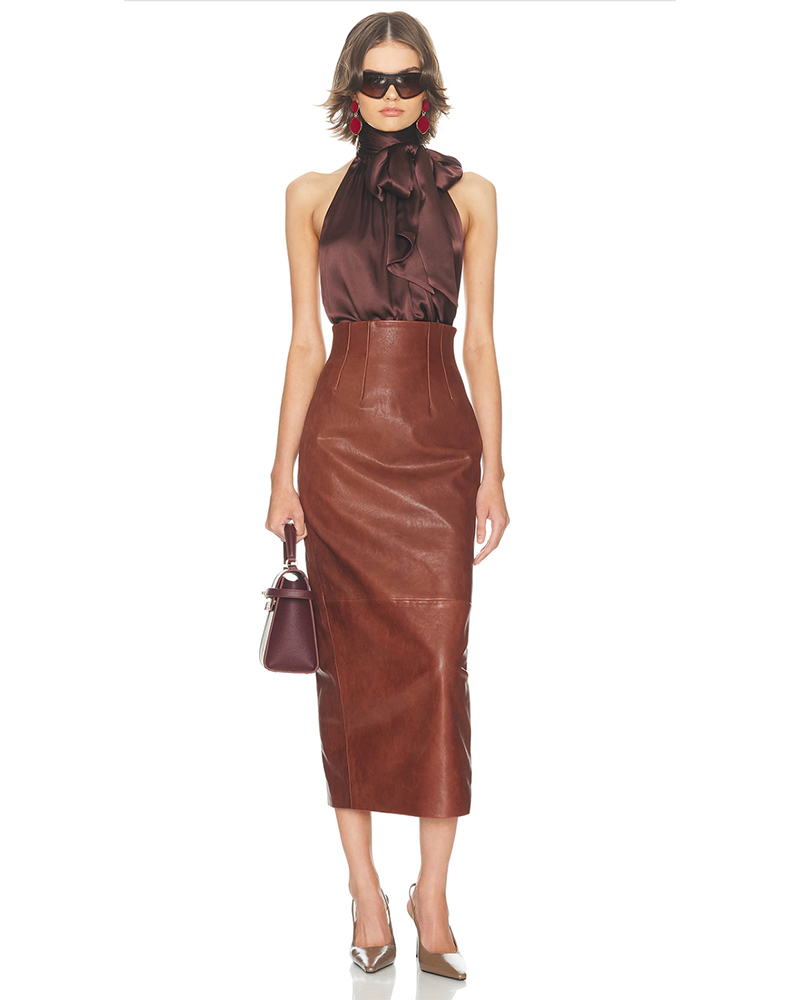 thanksgiving outfit idea brown leather skirt