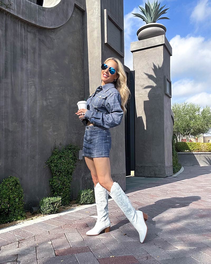 double denim knee high boots outfit
