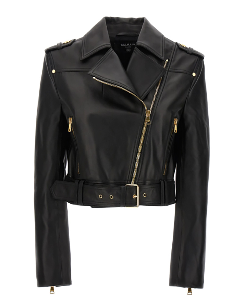 womens moto jacket black leather Balmain designer