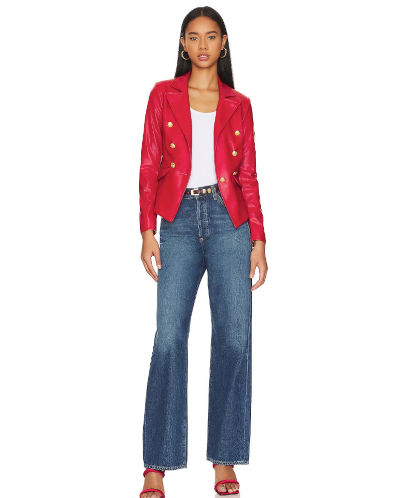 red leather blazer blue jeans outfit