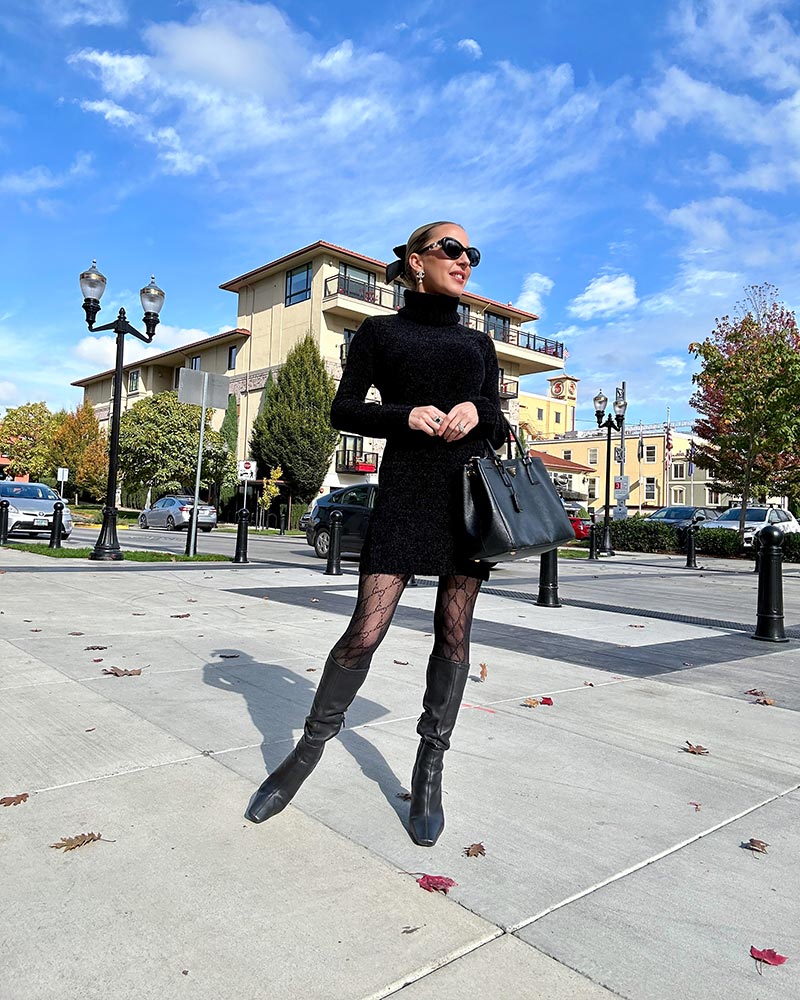 black knee high boots outfit sweater dress tights womens fashion