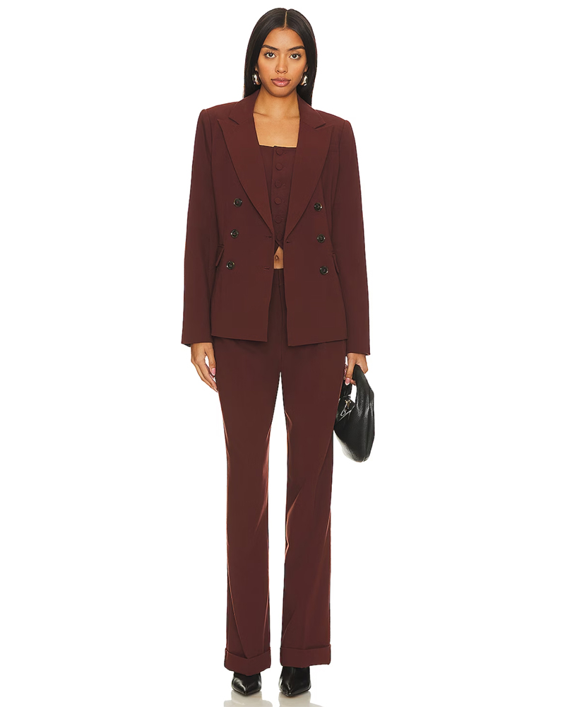 work ankle boots outfit womens pant suit burgundy