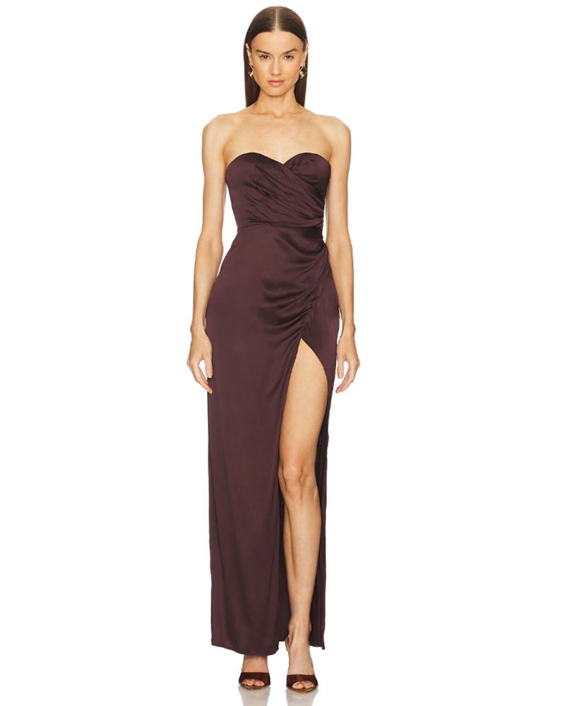 best holiday dresses 2025 trending strapless brown gown